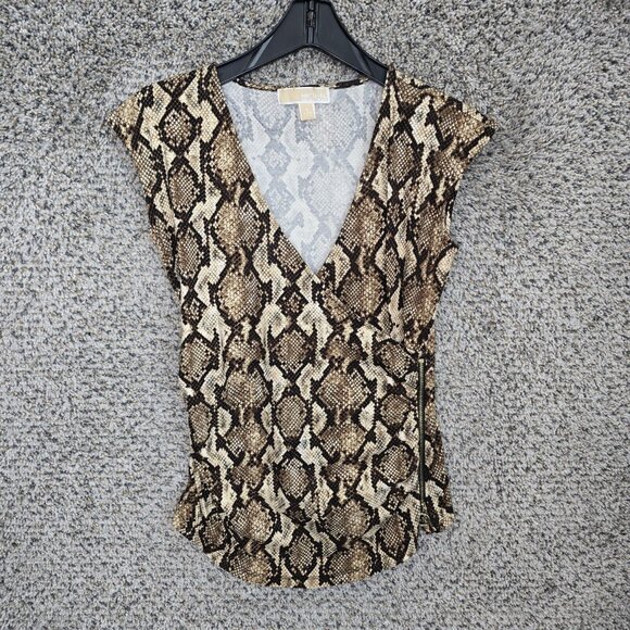 Michael Kors Top Womens Small Brown Animal‎ Print Surplice Neck Short Sleeve Tee - Picture 1 of 7